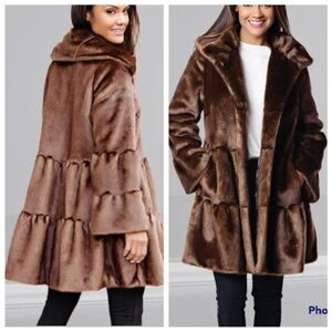 Donna Salyers Fabulous Furs Tiered Dark Brown Faux Fur Swing Coat Jacket XS